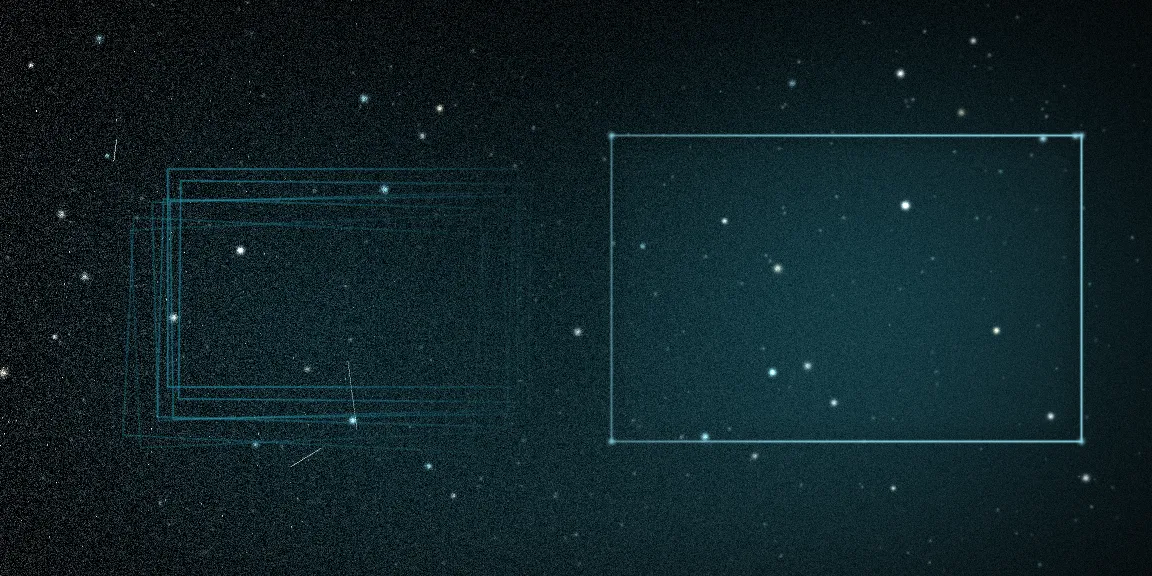 A stack of noisy, dithered subexposures resolving into one clean, deep master frame